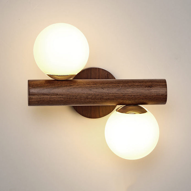 Metal Rubberwood Glass Cylinder 2-Light Wall Lamp