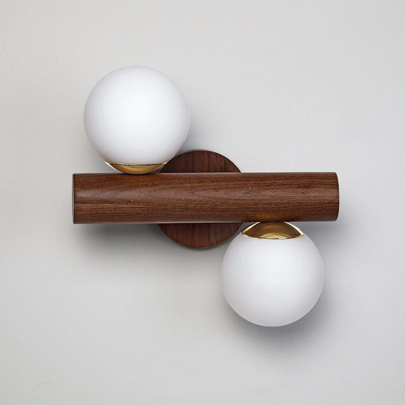 Metal Rubberwood Glass Cylinder 2-Light Wall Lamp