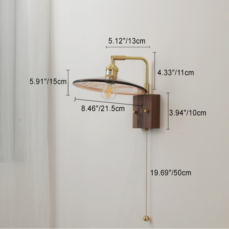 Glass Copper Wood Round Wall Lamp