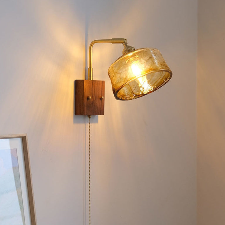 Glass Copper Wood Round Wall Lamp