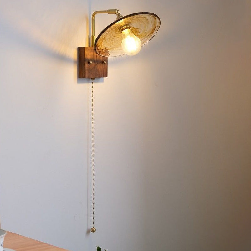 Glass Copper Wood Round Wall Lamp