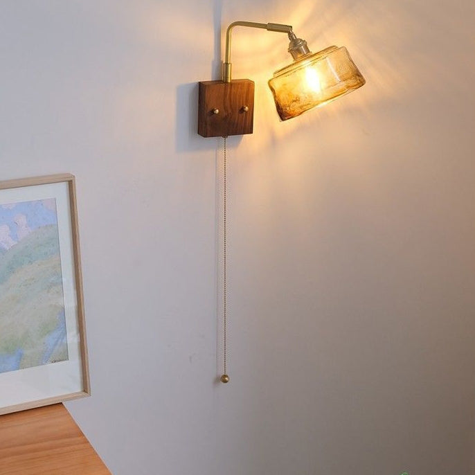 Glass Copper Wood Round Wall Lamp