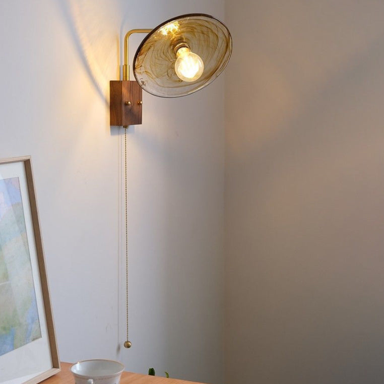 Glass Copper Wood Round Wall Lamp