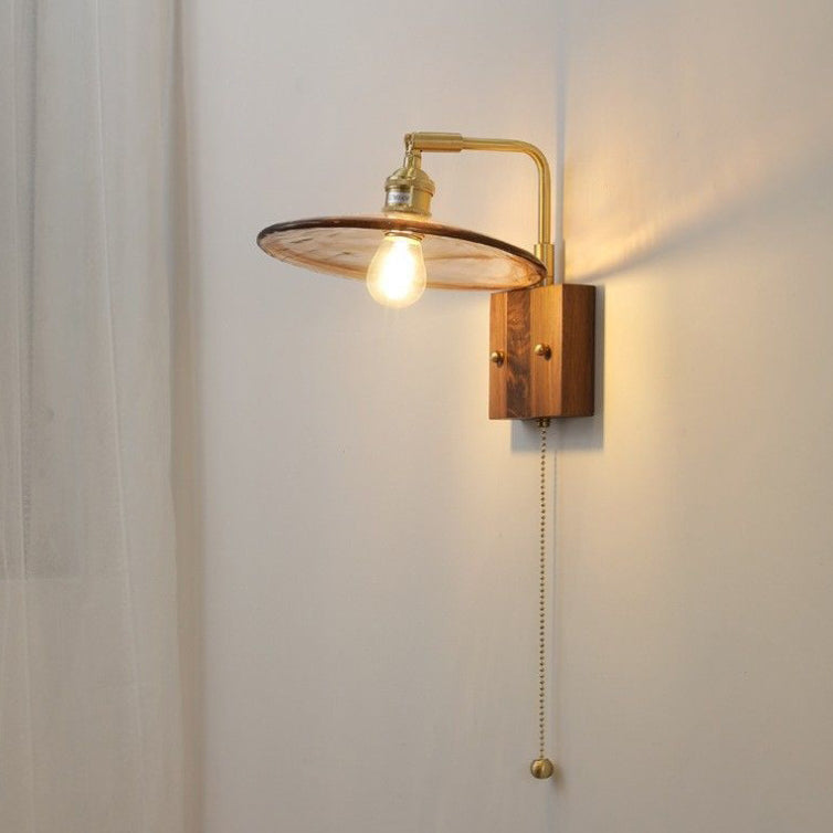 Glass Copper Wood Round Wall Lamp