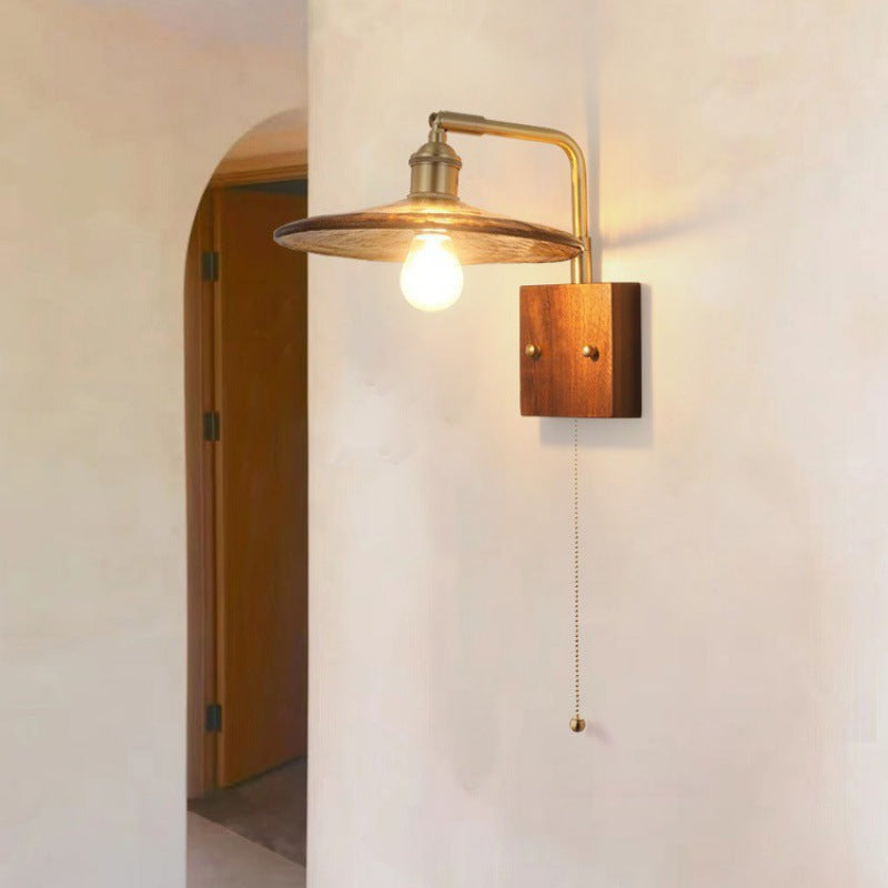 Glass Copper Wood Round Wall Lamp