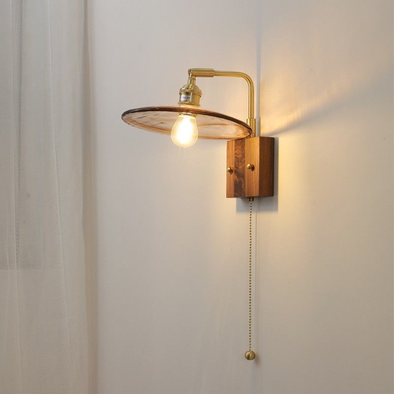Glass Copper Wood Round Wall Lamp