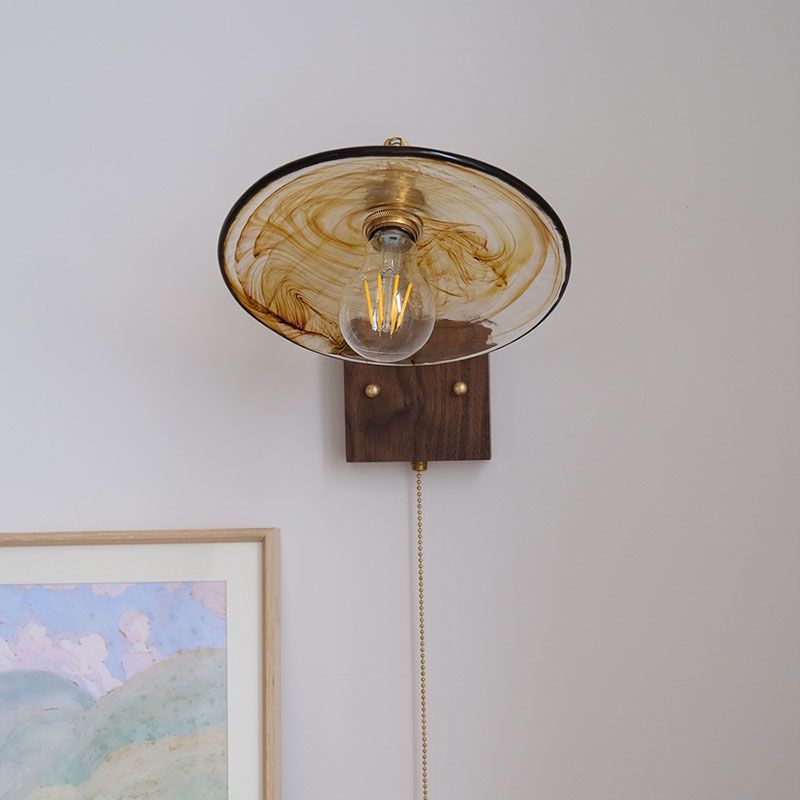 Glass Copper Wood Round Wall Lamp