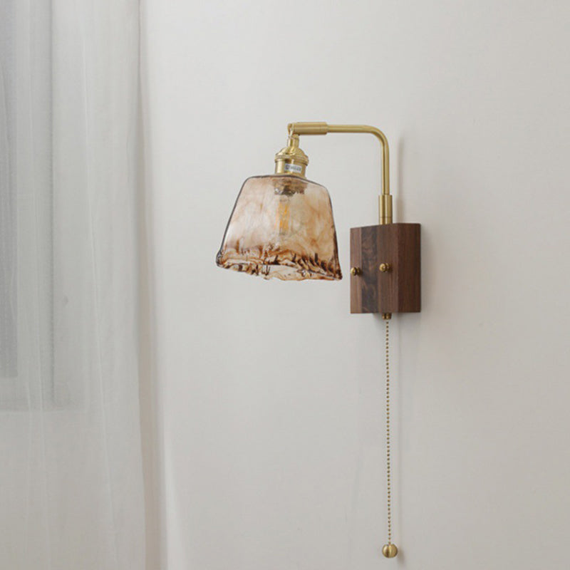 Glass Copper Wood Round Wall Lamp