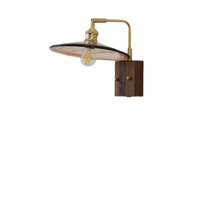 Glass Copper Wood Round Wall Lamp