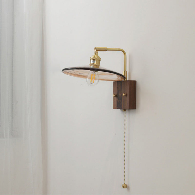 Glass Copper Wood Round Wall Lamp