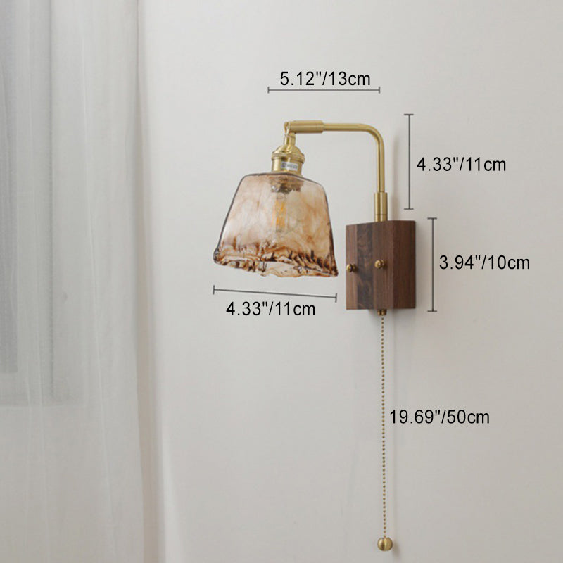 Glass Copper Wood Round Wall Lamp
