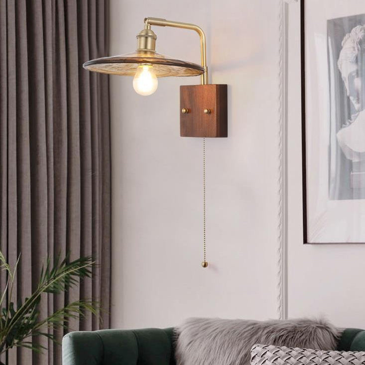 Glass Copper Wood Round Wall Lamp