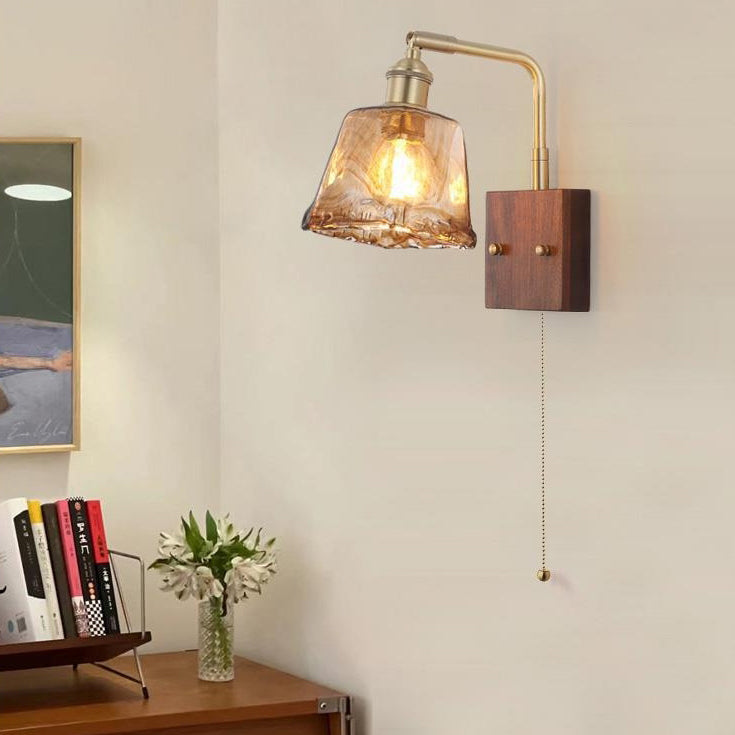 Glass Copper Wood Round Wall Lamp