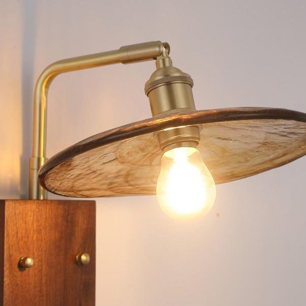 Glass Copper Wood Round Wall Lamp