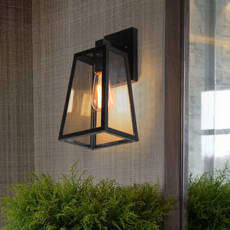 Iron Glass Lantern-Style Trapezoid Outdoor Light