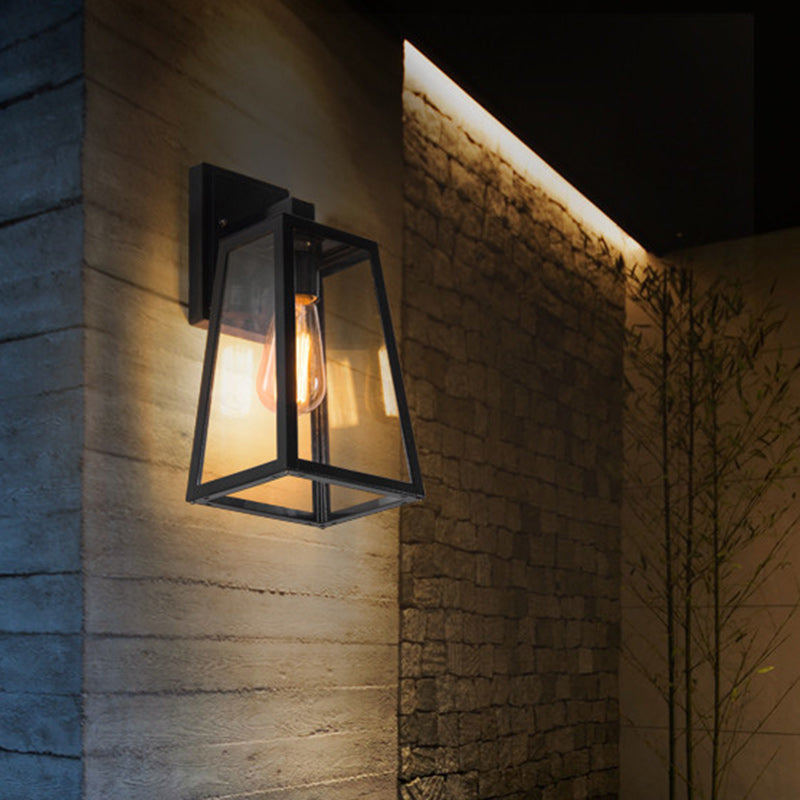 Iron Glass Lantern-Style Trapezoid Outdoor Light