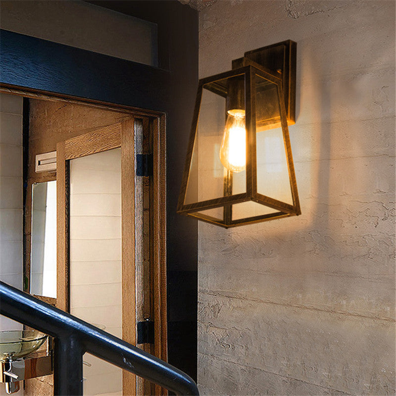Iron Glass Lantern-Style Trapezoid Outdoor Light