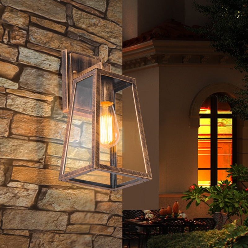 Iron Glass Lantern-Style Trapezoid Outdoor Light