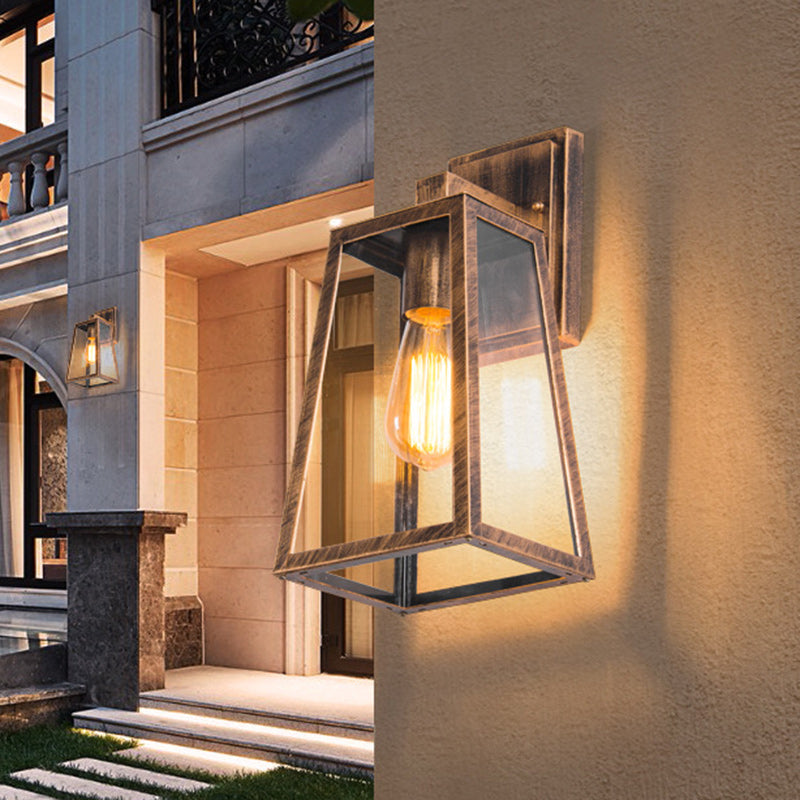 Iron Glass Lantern-Style Trapezoid Outdoor Light