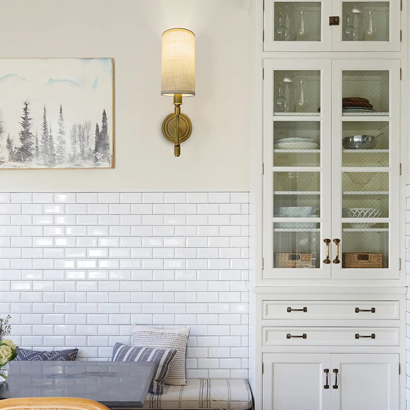 Linen Brass Round Cylindrical Wall Lamp