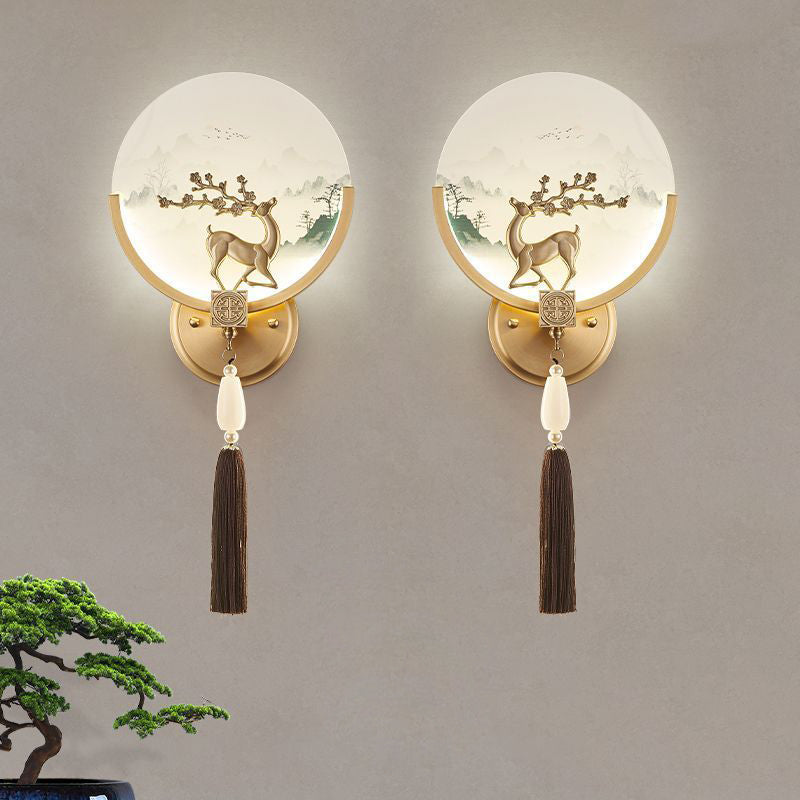 Brass Glass Deer Landscape Wall Lamp