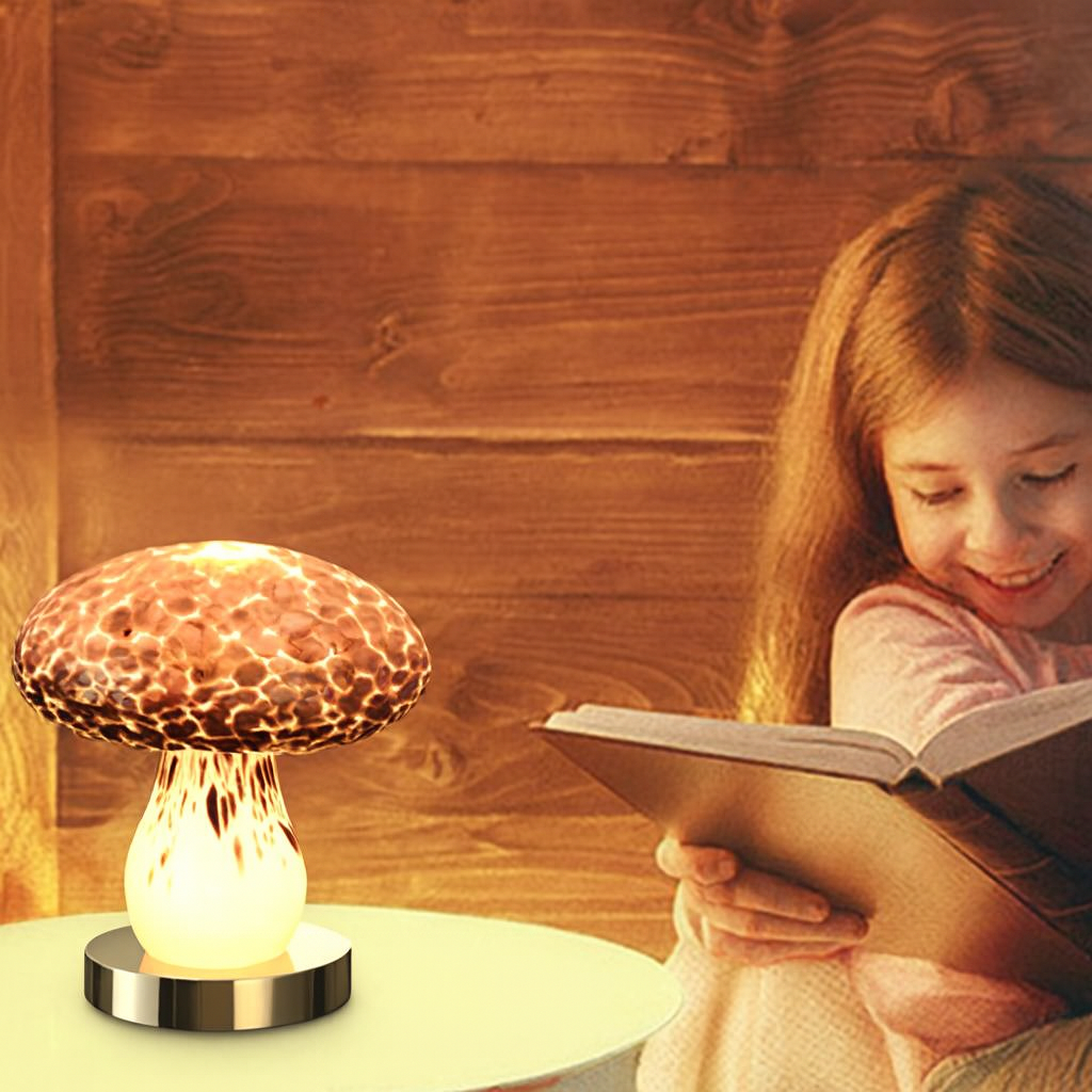 Rechargeable Glass Wood Mushroom Table Lamp