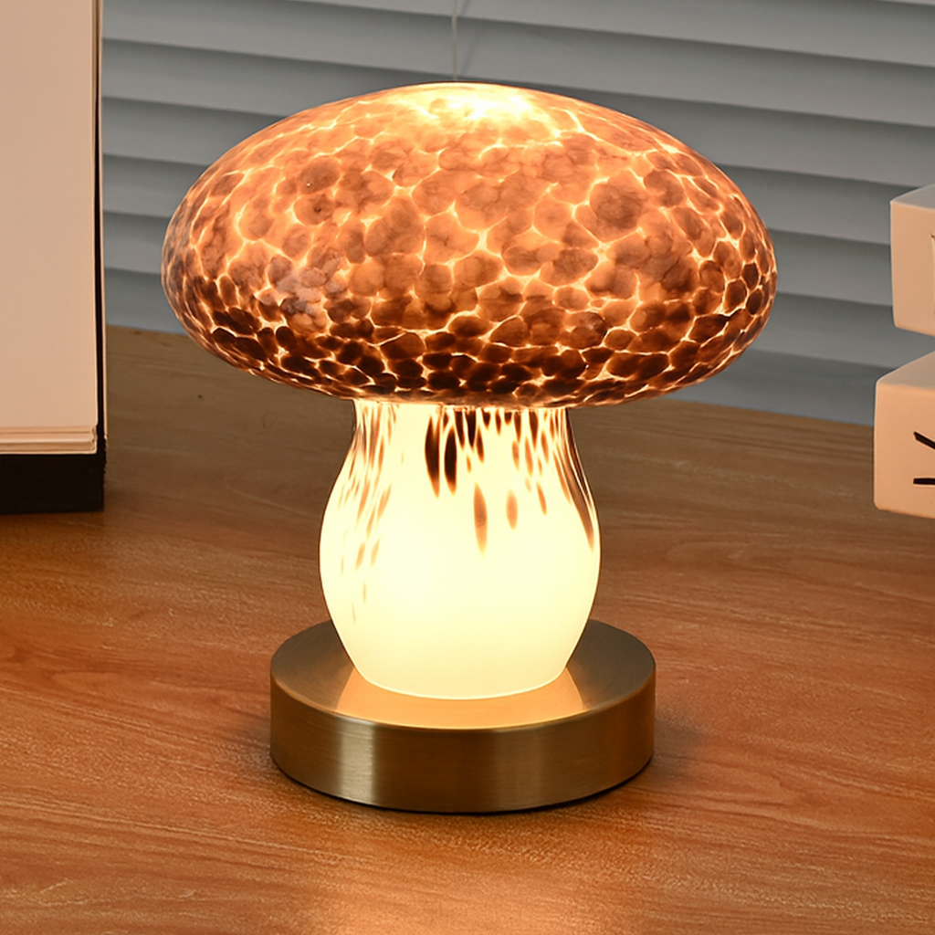 Rechargeable Glass Wood Mushroom Table Lamp