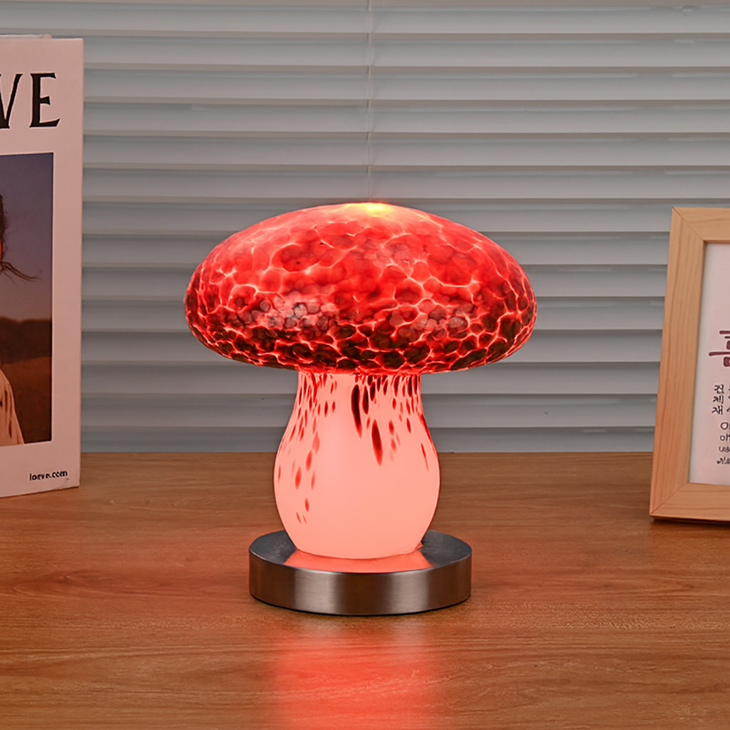 Rechargeable Glass Wood Mushroom Table Lamp