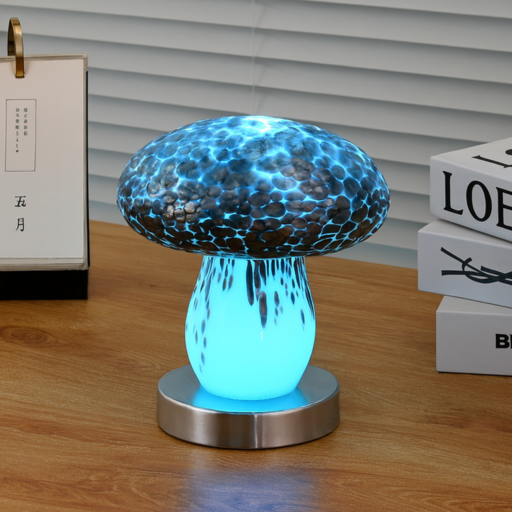 Rechargeable Glass Wood Mushroom Table Lamp