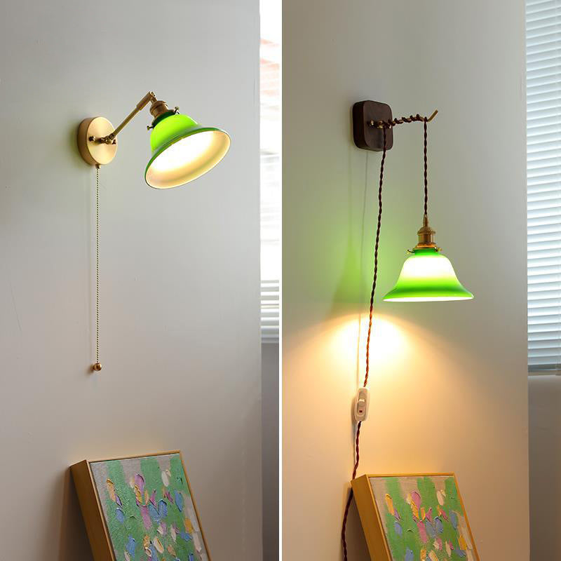 Brass Walnut Glass Bell-Shaped Wall Lamp