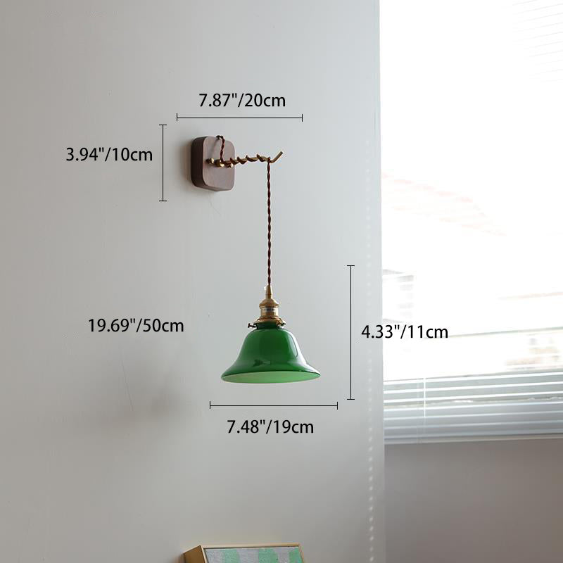Brass Walnut Glass Bell-Shaped Wall Lamp