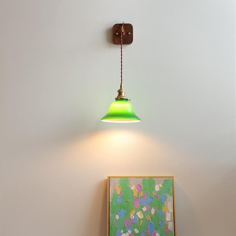Brass Walnut Glass Bell-Shaped Wall Lamp