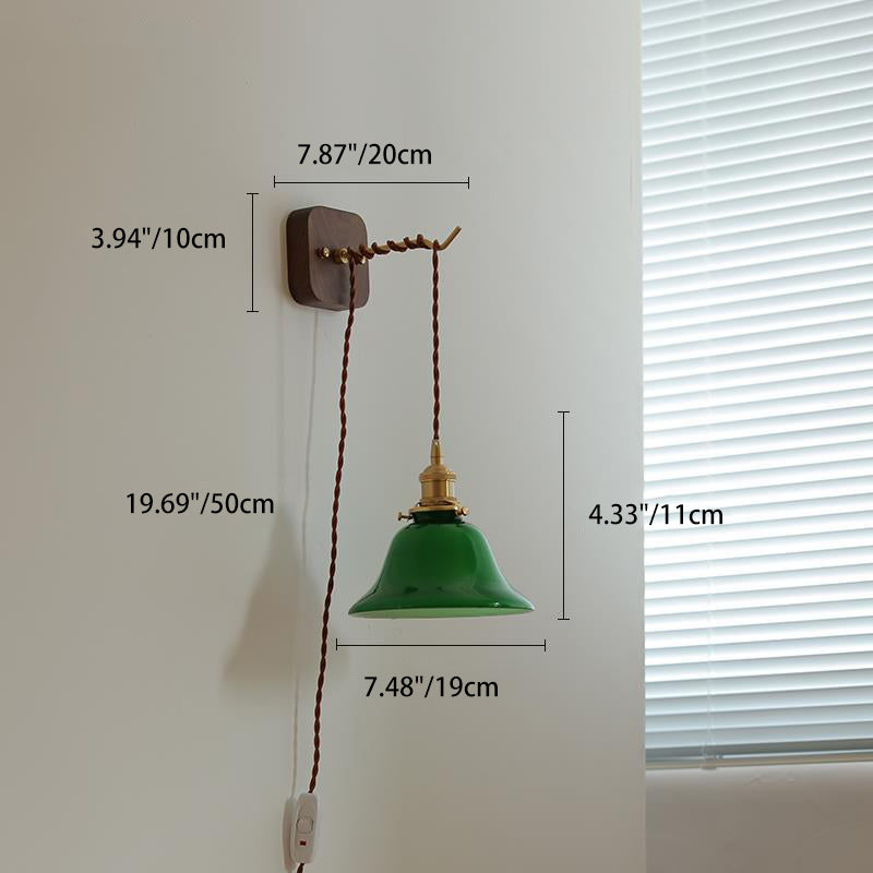 Brass Walnut Glass Bell-Shaped Wall Lamp
