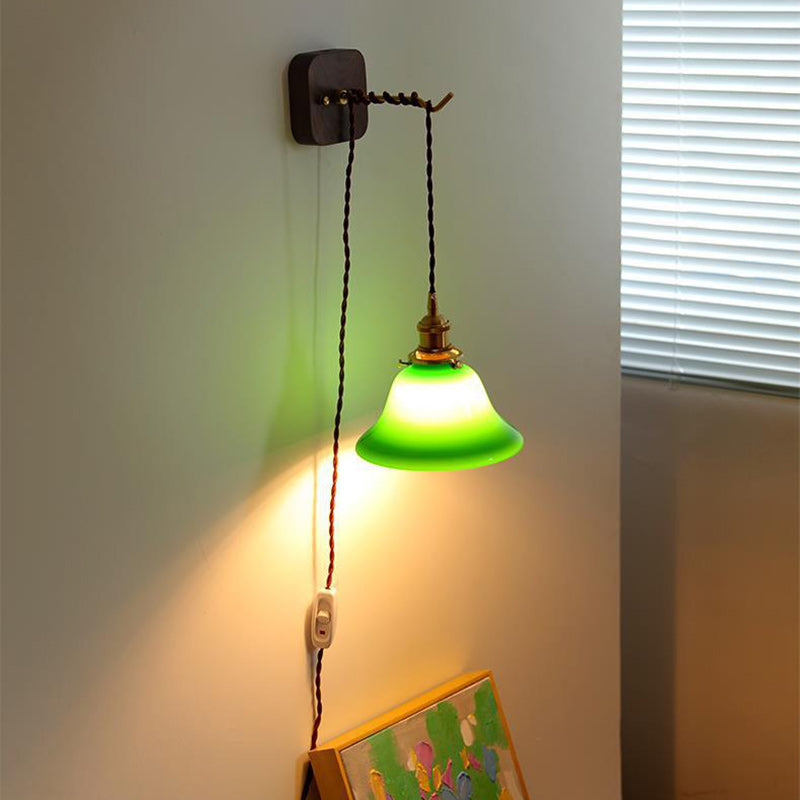 Brass Walnut Glass Bell-Shaped Wall Lamp