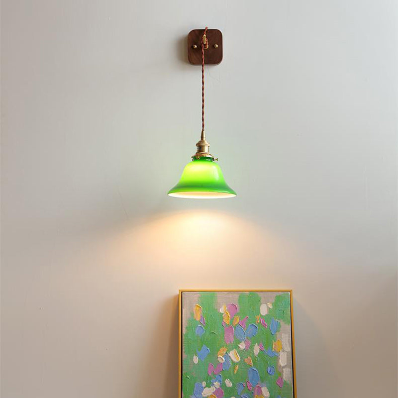 Brass Walnut Glass Bell-Shaped Wall Lamp