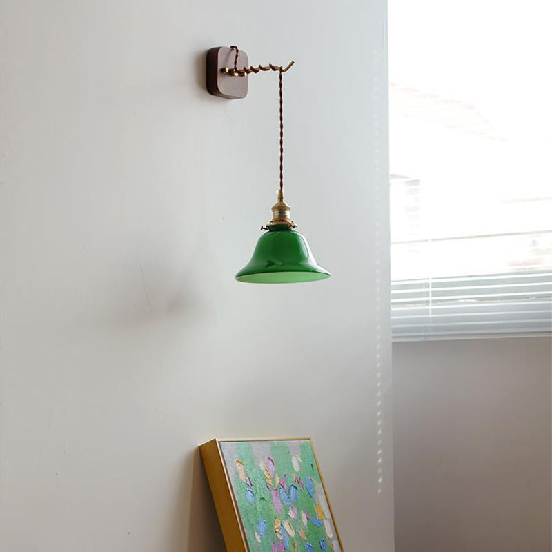 Brass Walnut Glass Bell-Shaped Wall Lamp