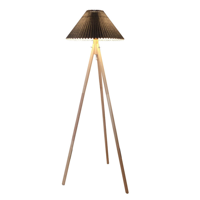 Wood Fabric Pleated Tripod Floor Lamp