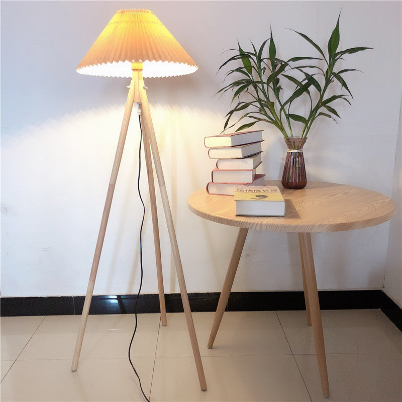 Wood Fabric Pleated Tripod Floor Lamp