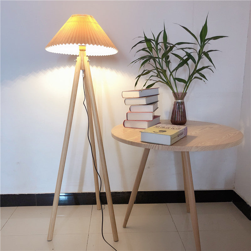 Wood Fabric Pleated Tripod Floor Lamp