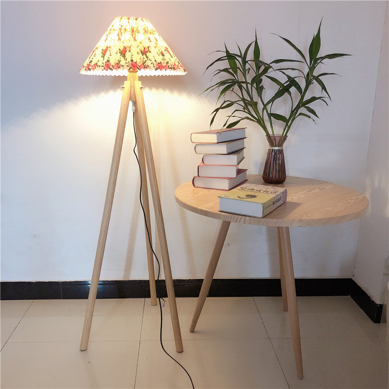 Wood Fabric Pleated Tripod Floor Lamp