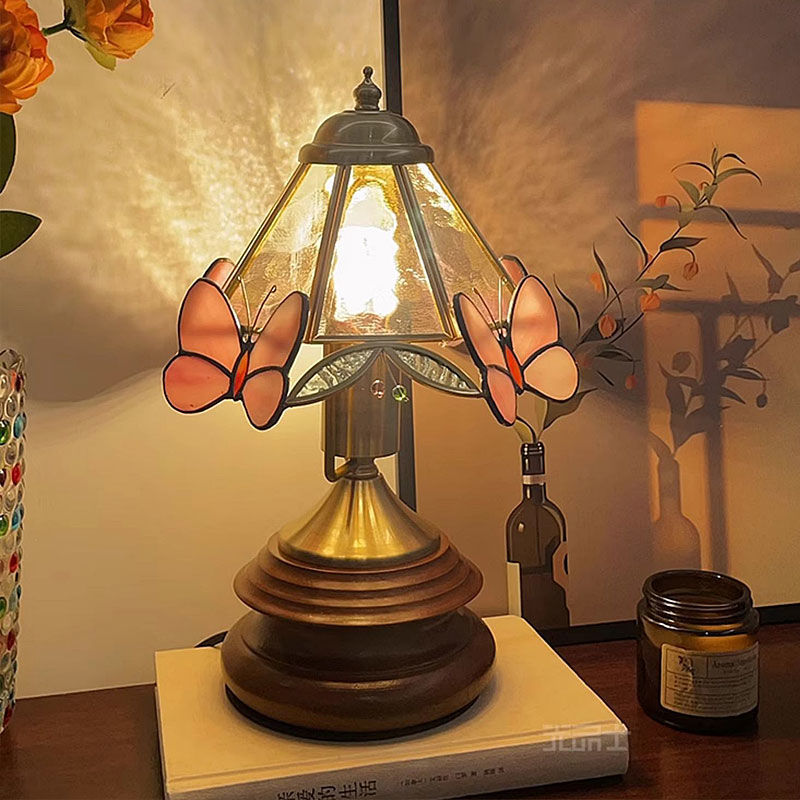 Cone Glass Wood Copper Table Lamp