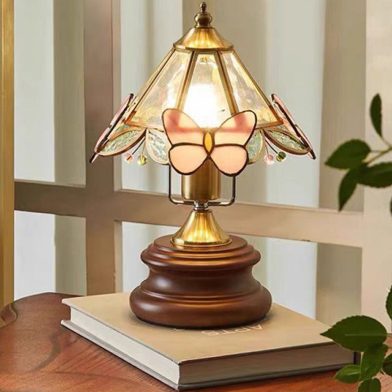 Cone Glass Wood Copper Table Lamp