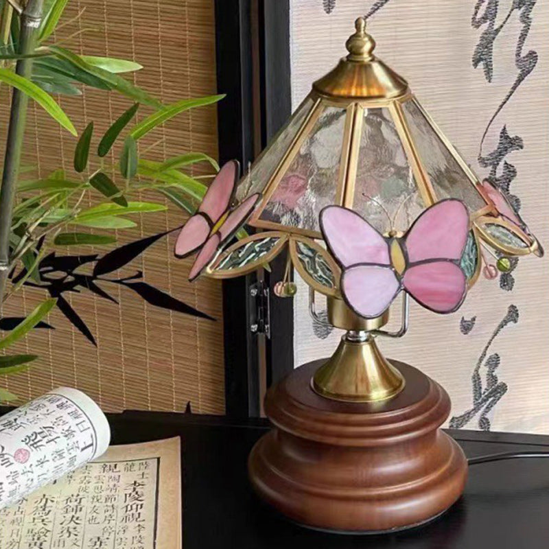 Cone Glass Wood Copper Table Lamp