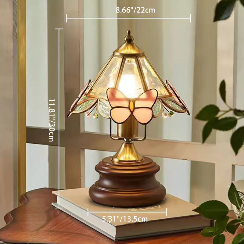 Cone Glass Wood Copper Table Lamp
