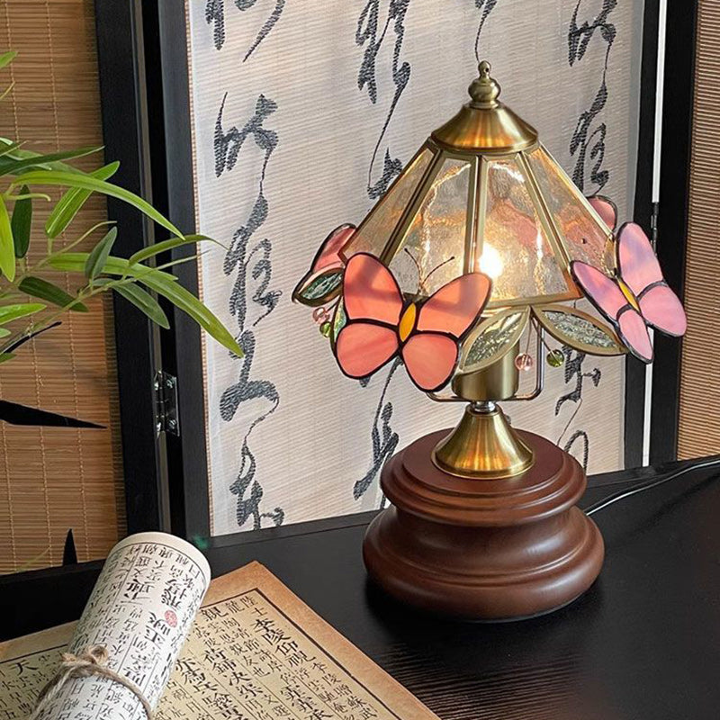 Cone Glass Wood Copper Table Lamp