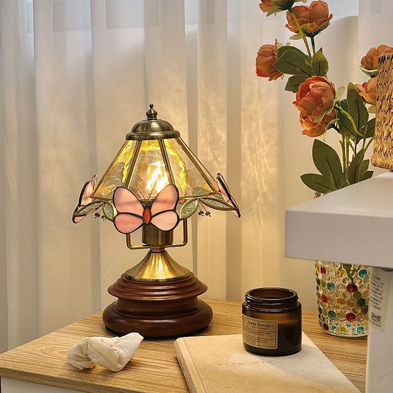 Cone Glass Wood Copper Table Lamp