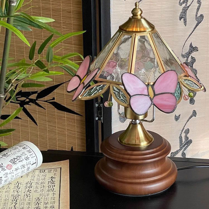 Cone Glass Wood Copper Table Lamp