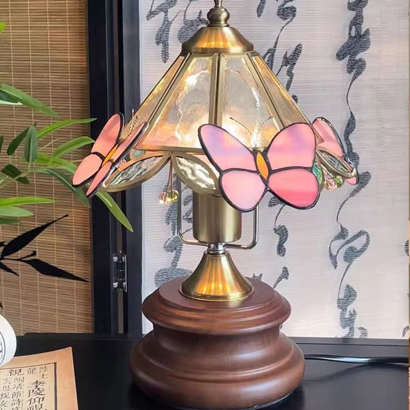 Cone Glass Wood Copper Table Lamp