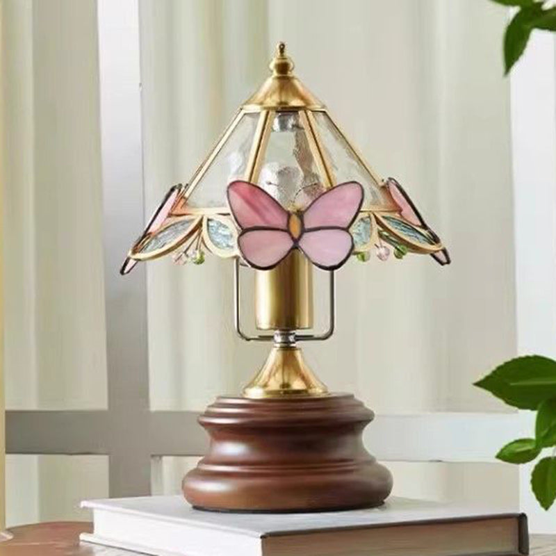 Cone Glass Wood Copper Table Lamp