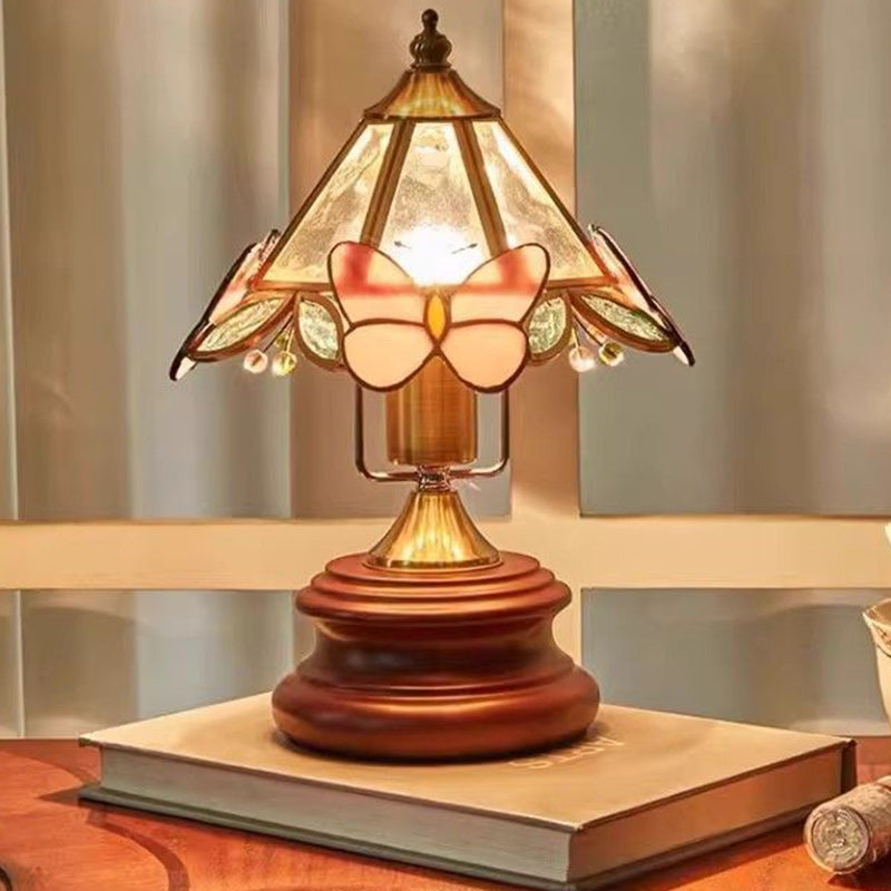 Cone Glass Wood Copper Table Lamp